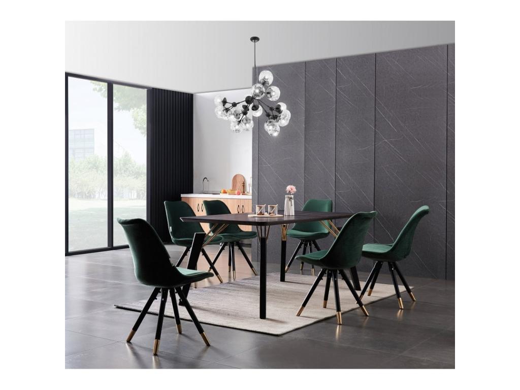 Homzora - Black Rectangular Dining Table Set with 6 Green Velvet Chairs