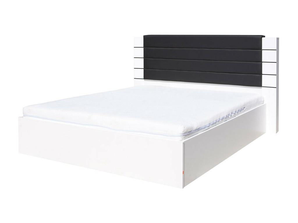 Homzora bed, size 180 cm, white and glossy black with storage and faux leather finish