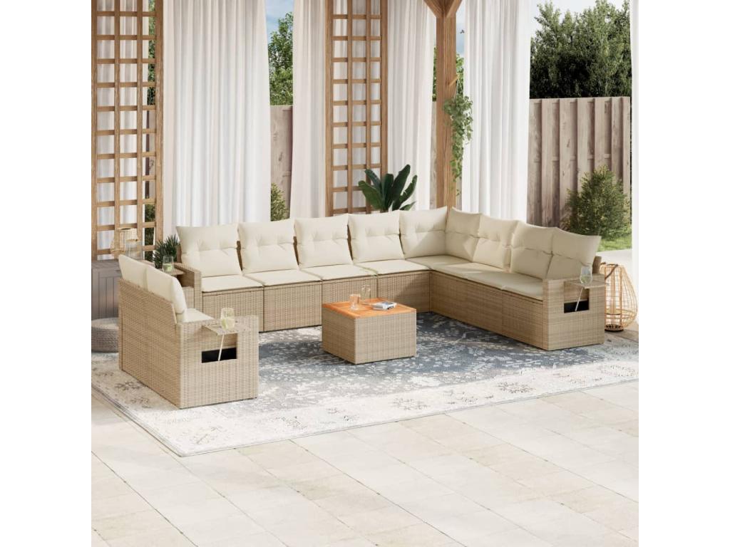 11-piece garden furniture set with beige resin wicker cushions