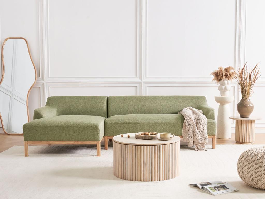 Left-hand corner sofa with wooden legs, living room corner furniture in olive green polyester fabric, Meubiana