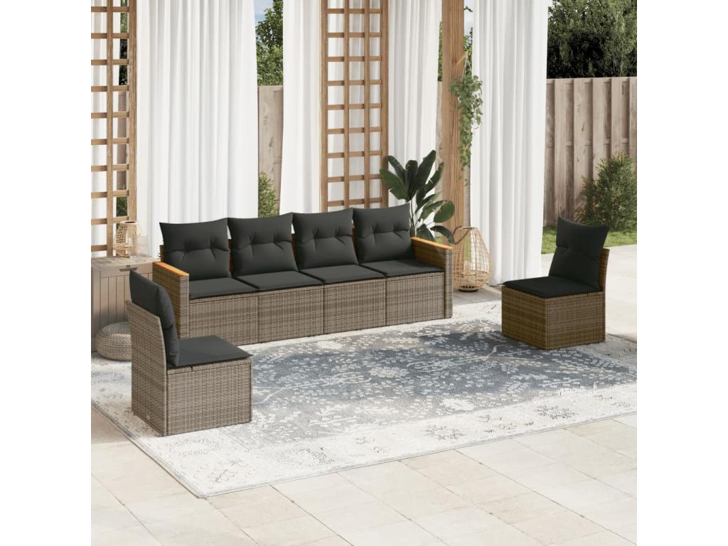 6-piece garden furniture set with grey resin wicker cushions