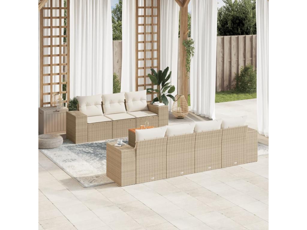8-piece garden furniture set with cushions, beige woven resin