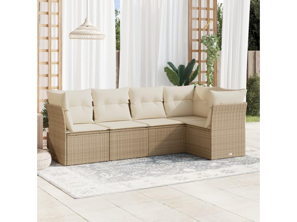 5-piece garden furniture set with cushions, beige woven resin