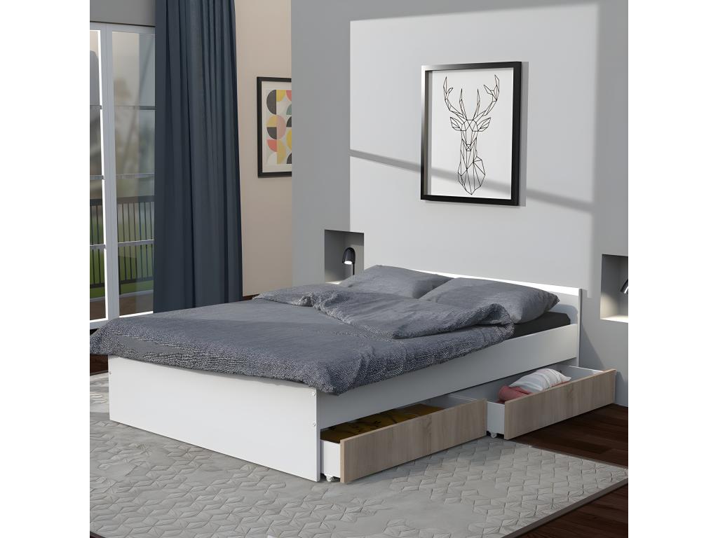 Meubiana bed 140x190 cm with 2 drawers / Whitewashed Oak and White finish