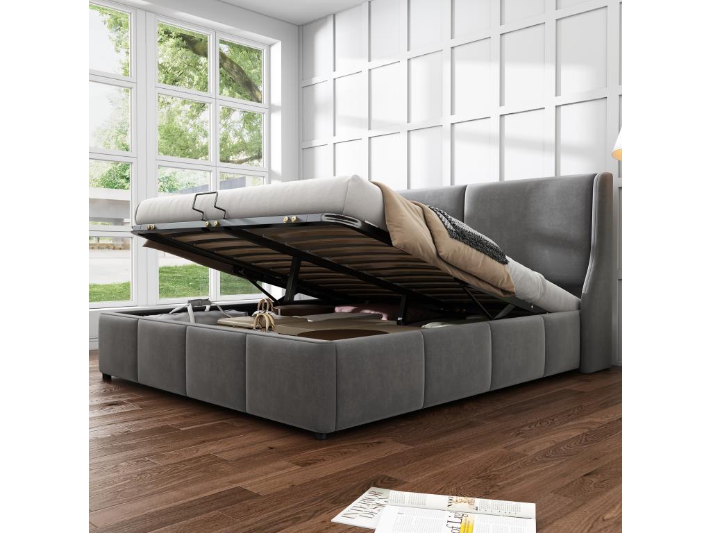 Upholstered Double Bed 140x190 cm - Headboard with Pillow - Functional Hydraulic Bed with Slatted Base - Grey