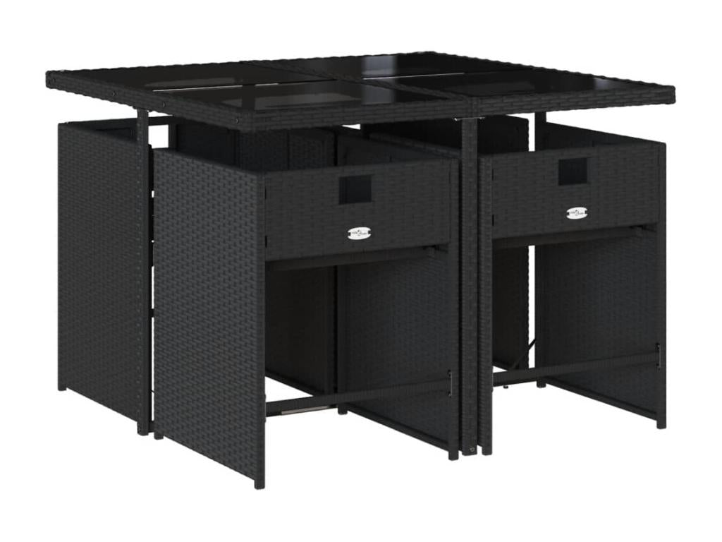 5-piece garden dining set with cushions, black woven resin