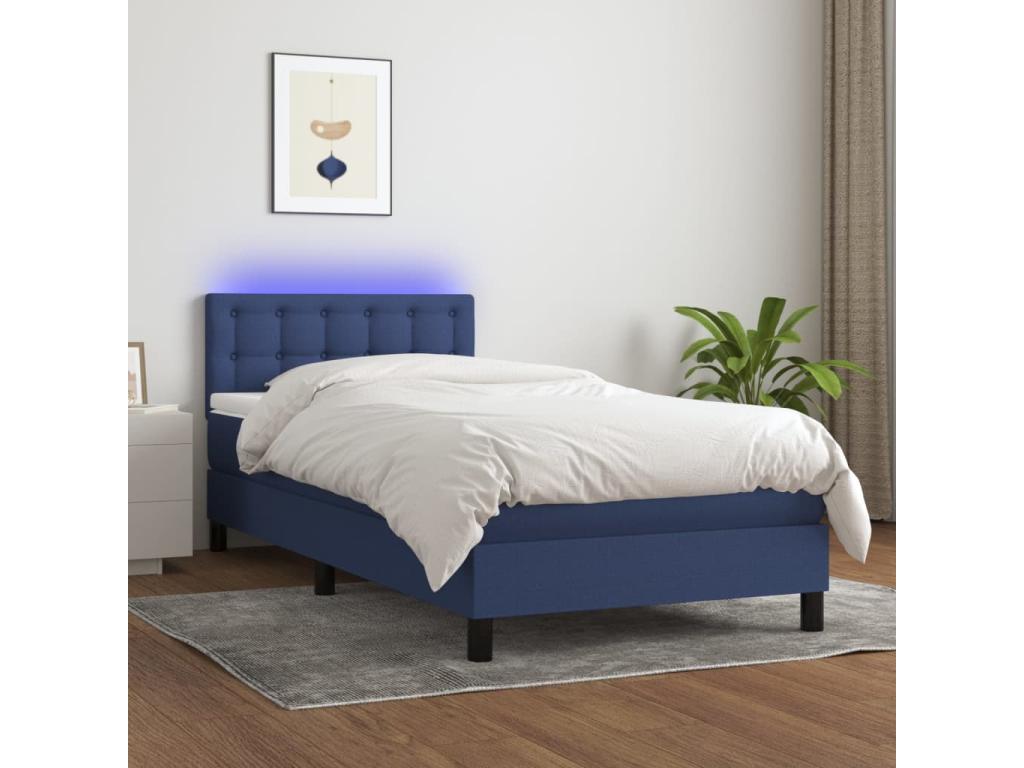 Upholstered bed base with mattress and blue LED light, 90x190 cm, fabric