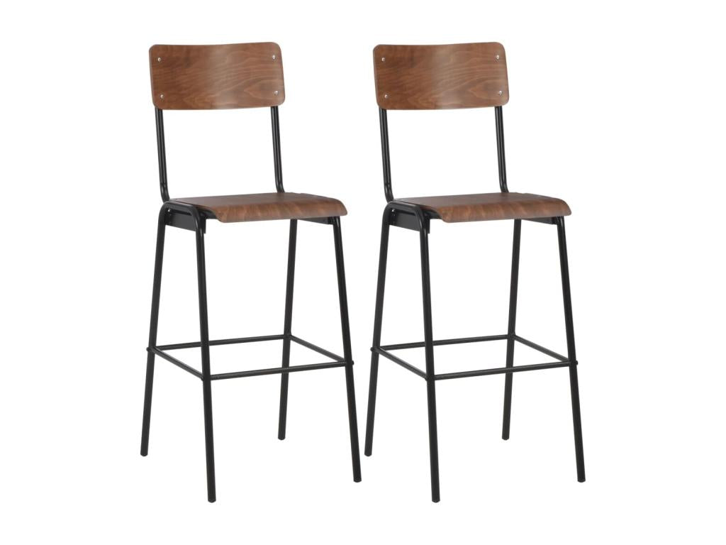 Set of 2 brown bar stools made of solid plywood and steel