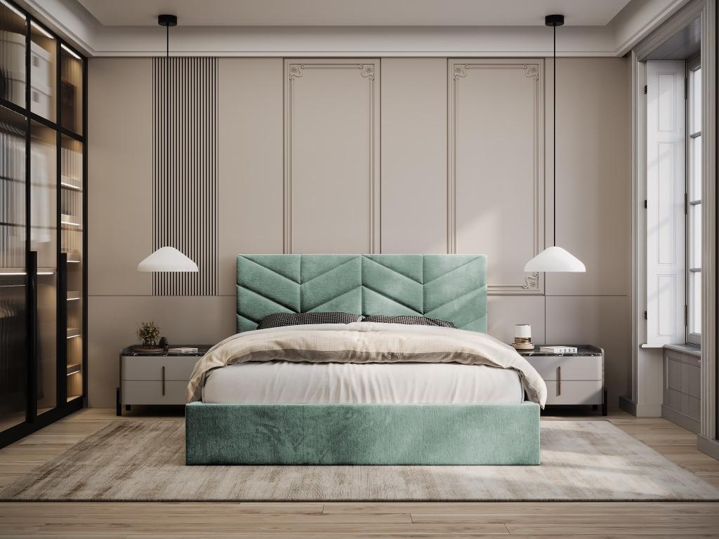 Storage bed 140x190 cm - Textured fabric - Almond green - Homzora