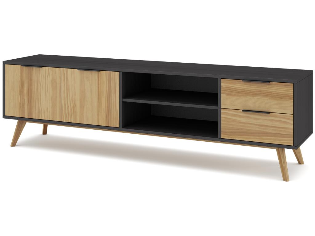 Solid pine TV stand with natural and black waxed finish, storage unit - Length 180 x Depth 40 x Height 52 cm