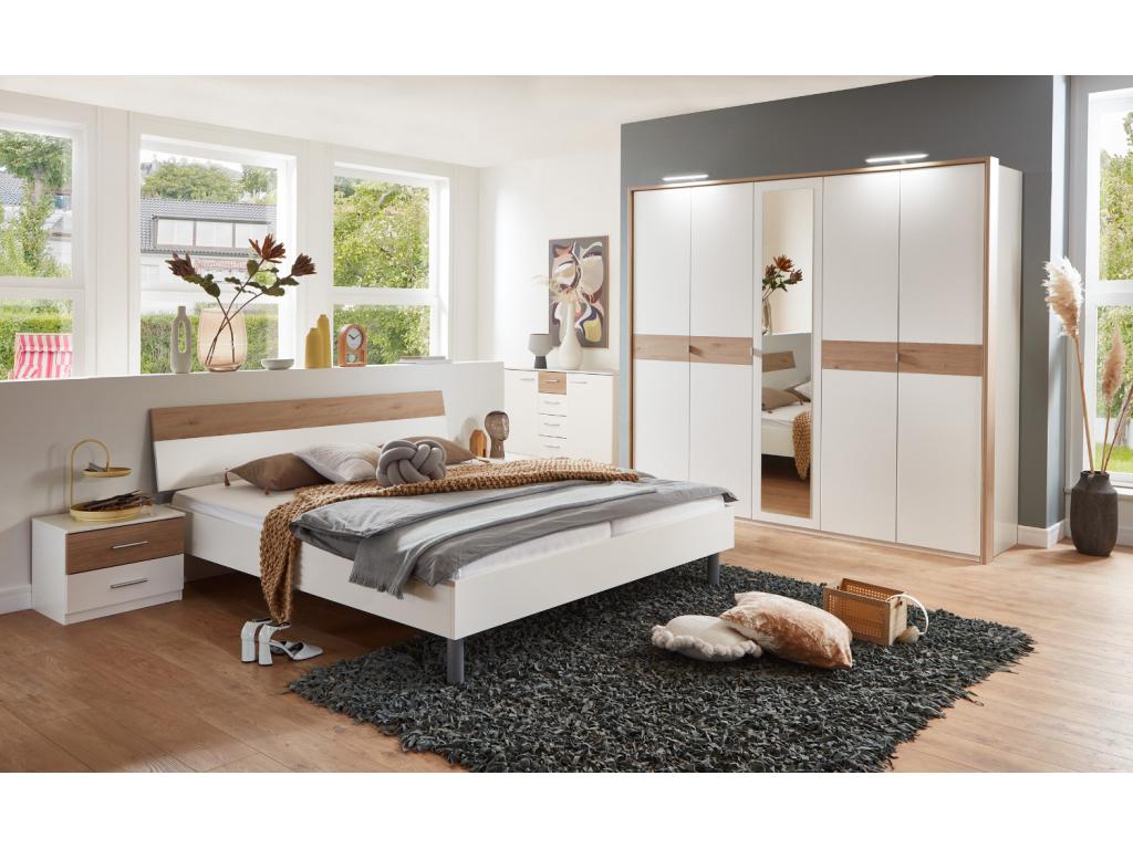 Chest of drawers, storage unit, white color with Hickory oak effect trim