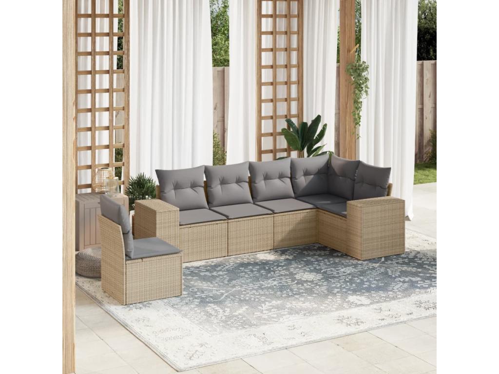 6-piece garden furniture set with cushions, beige woven resin