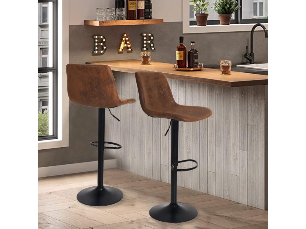 Industrial bar stool, set of 2 vintage leather kitchen chairs with adjustable height, backrest and footrest, 46.5x38x73 to 108 cm