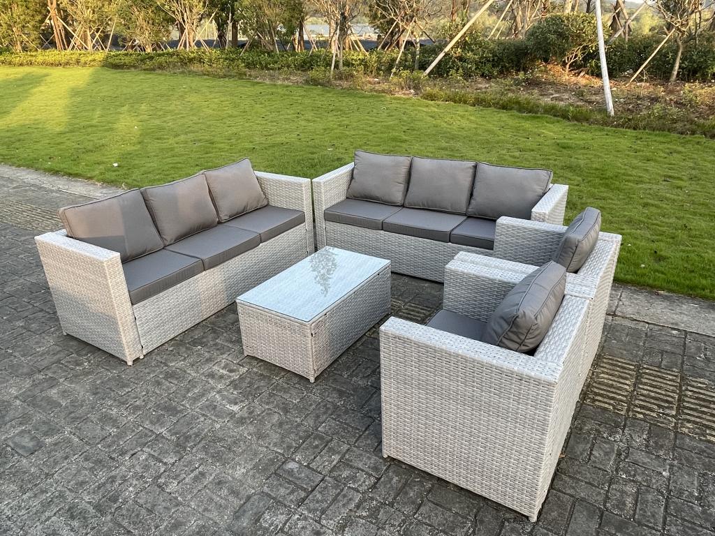 8-seater rattan garden furniture set, including a 3-seater sofa, 2 armchairs, and a coffee table in light grey.