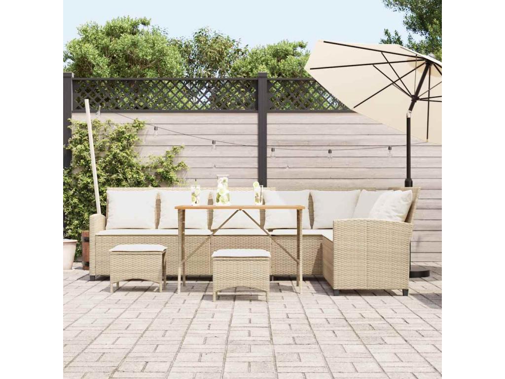4-piece beige polyrattan garden furniture set with L-shaped cushions