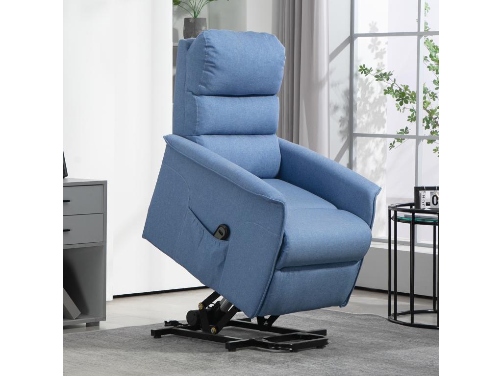 Electric recliner armchair with remote control - tilting lift chair with adjustable footrest - blue linen-look polyester fabric