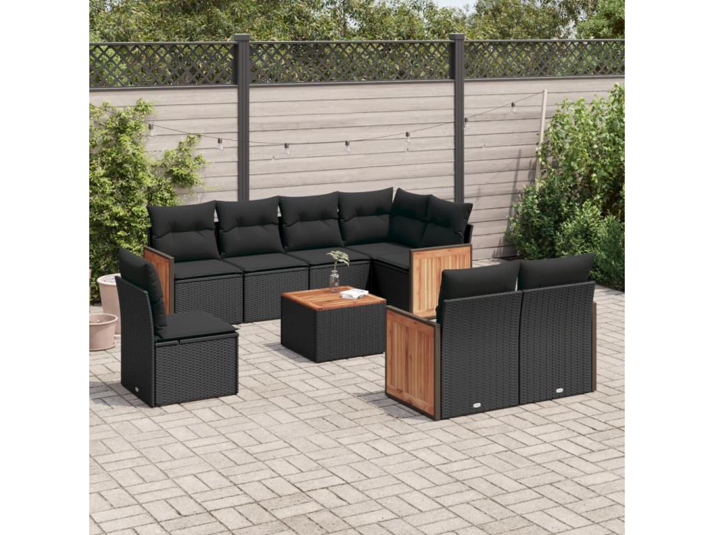 9-piece garden furniture set with cushions, black woven resin