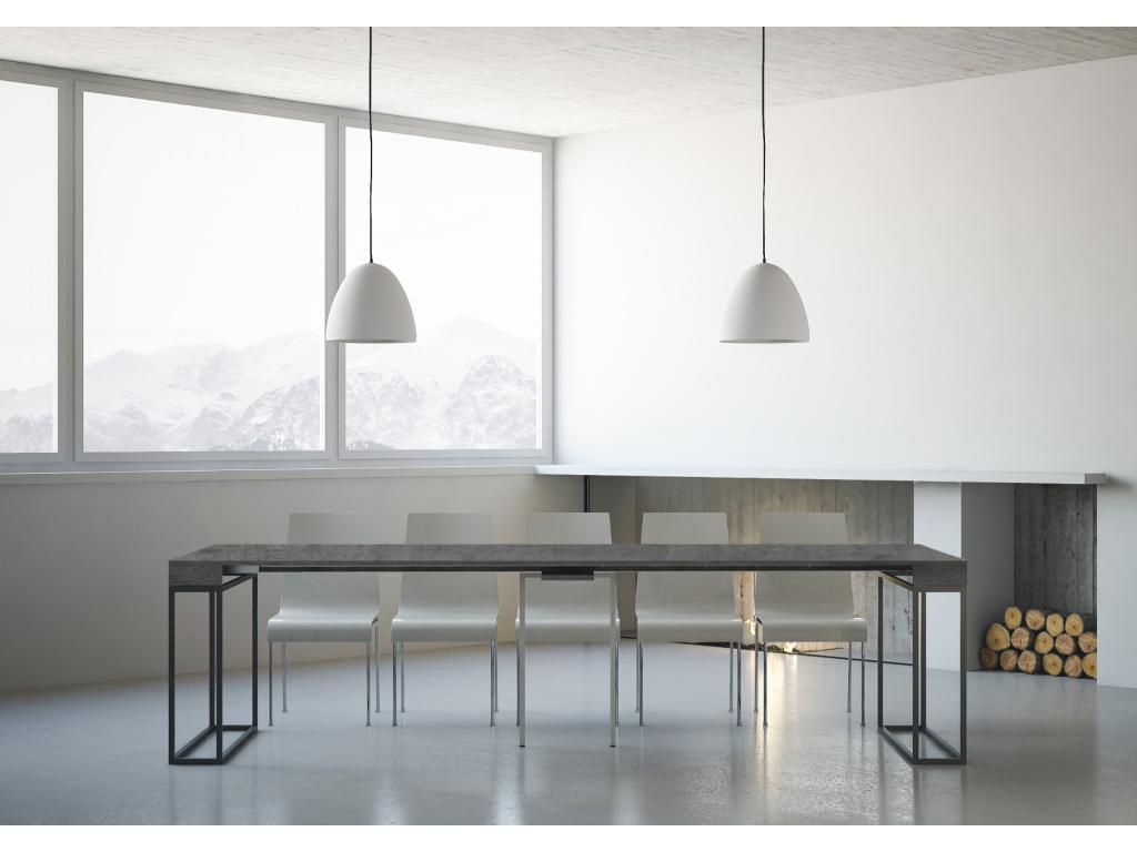 Meubiana extendable console table in wood and 3 anthracite steel legs - Cement Grey color - 4-leg support - 5 slim extensions