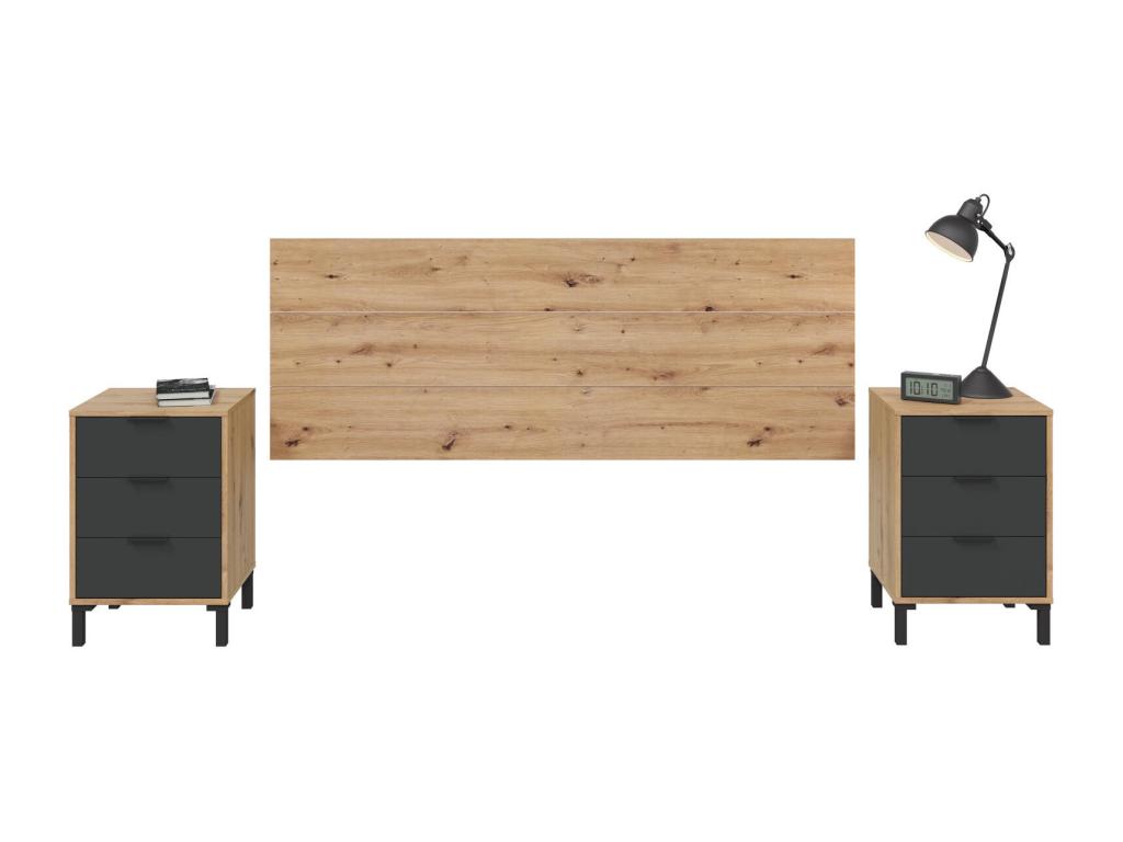 Bedside table bedroom set including headboard and 2 bedside tables with 3 drawers, Damoros 160x2 cm, knot-effect oak and anthracite