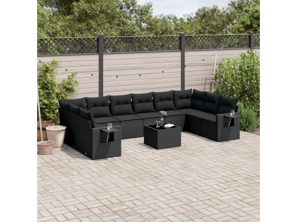 11-piece garden furniture set with cushions, black resin wicker