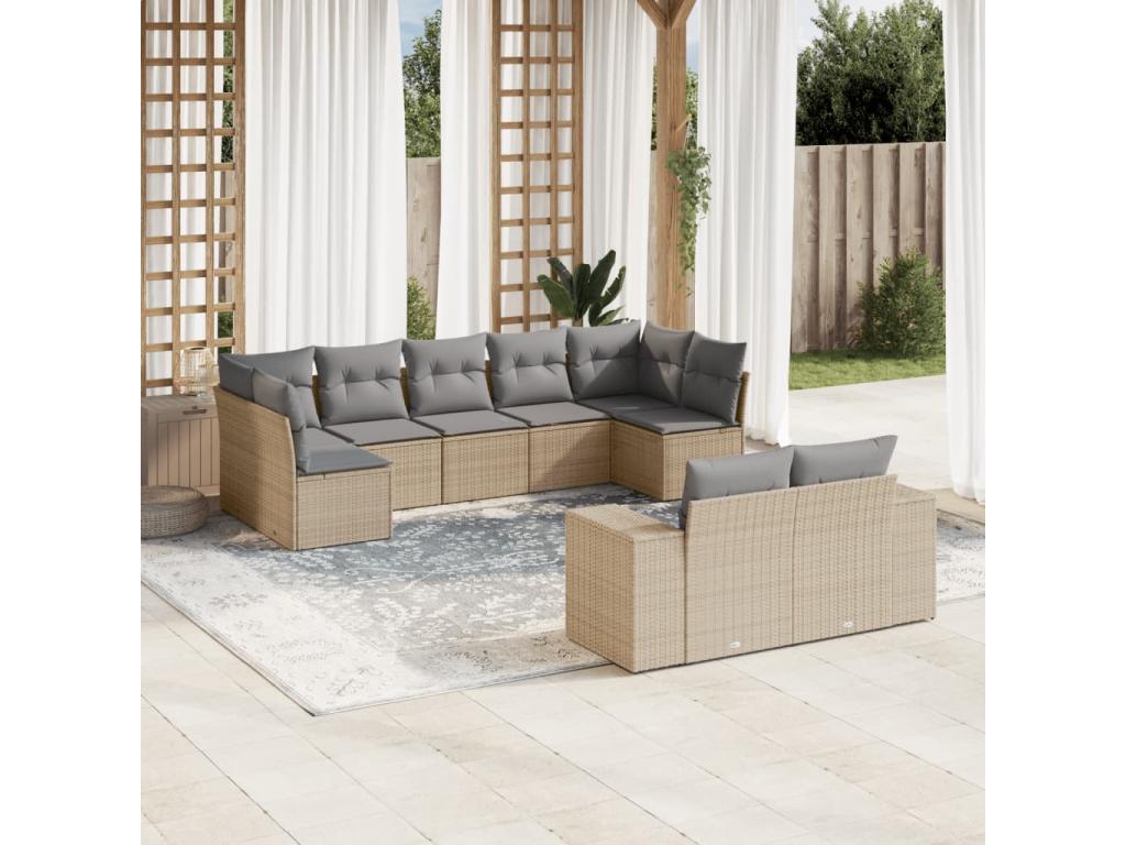 9-piece garden furniture set with cushions, beige woven resin