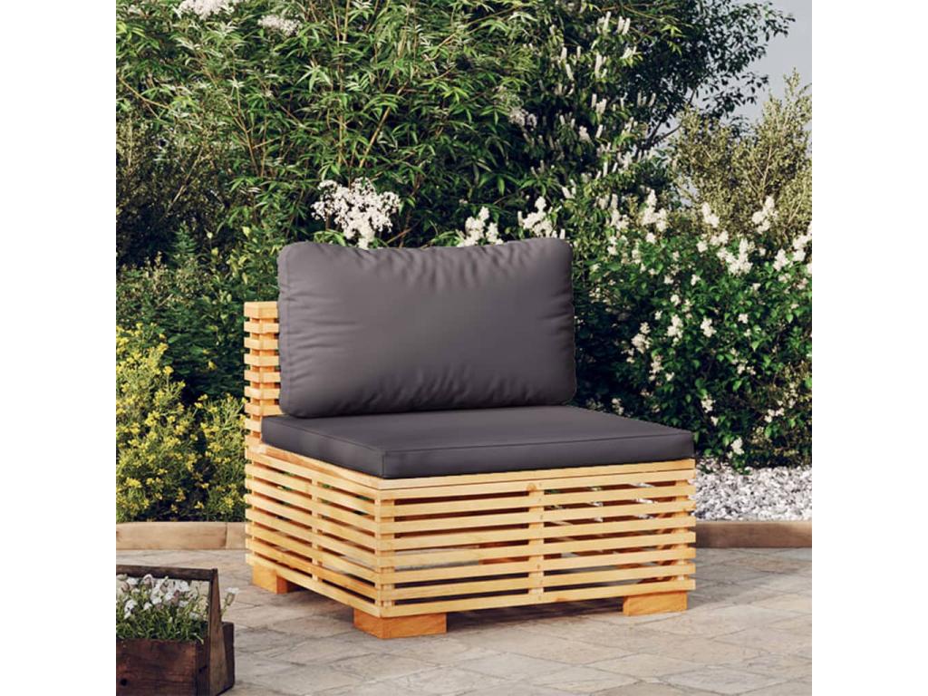 Garden center sofa with dark grey cushions, solid teak wood
