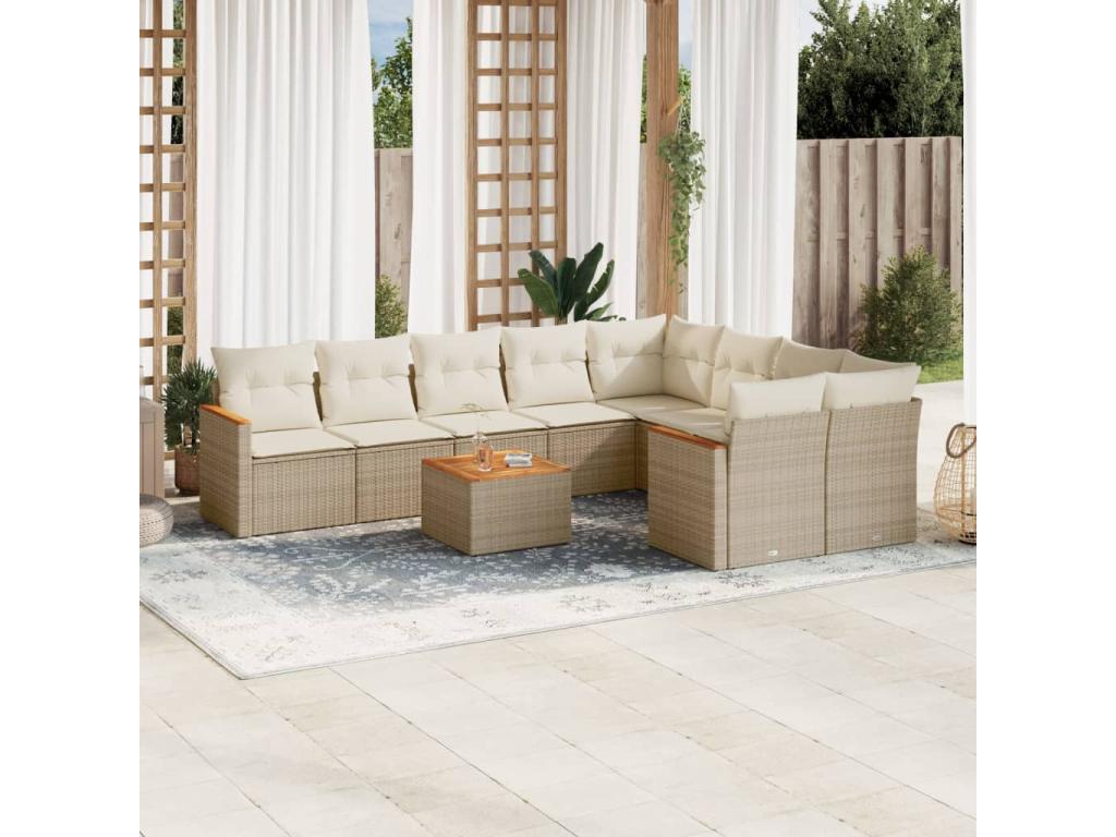 Garden furniture set with cushions, 10 pieces, beige woven resin