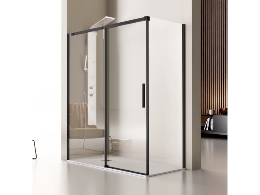 Fixed shower screen, Homzora sliding door, matte black profile, 165 cm, without side panel