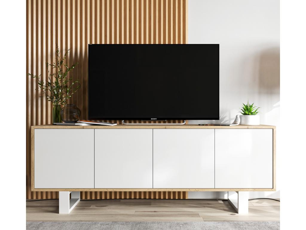 TV stand with 4 doors - Meubiana oak frame, matte white fronts - 150 cm, metal legs
