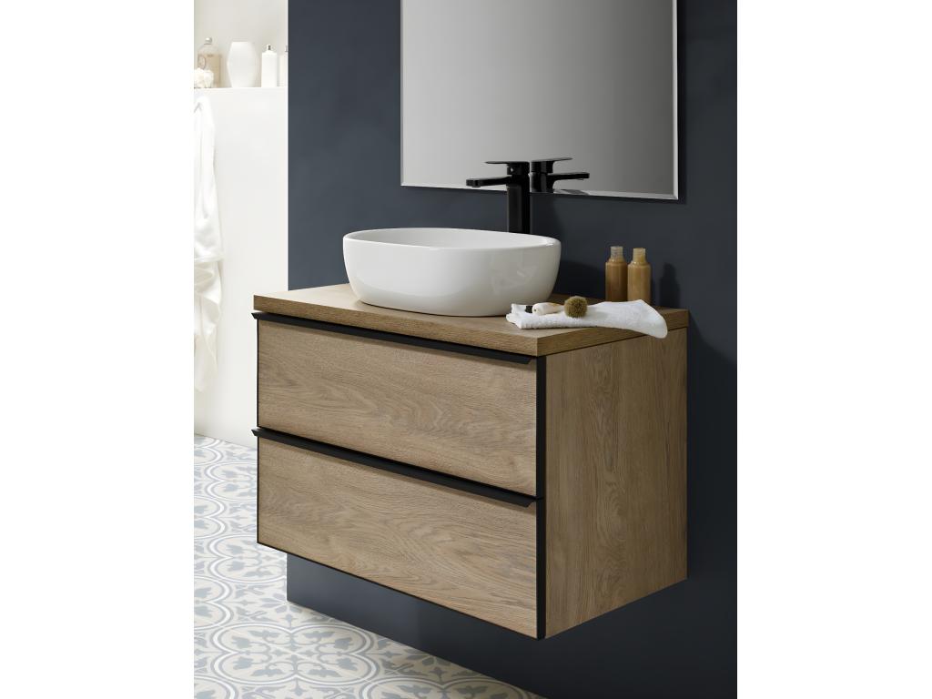 Bathroom vanity unit with 2 suspended drawers in Nordic oak finish, countertop basin, and mirror - Length 100 x Height 50 x Depth 46.5 cm