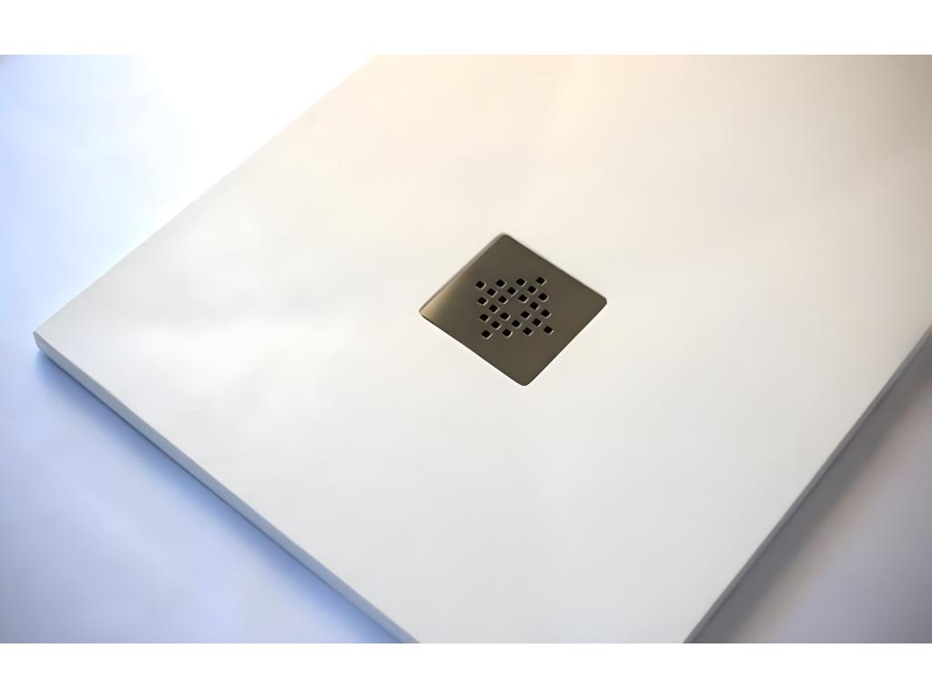 Extra-flat 90x170 cm PURE shower tray in white slate-effect resin with stainless steel grate