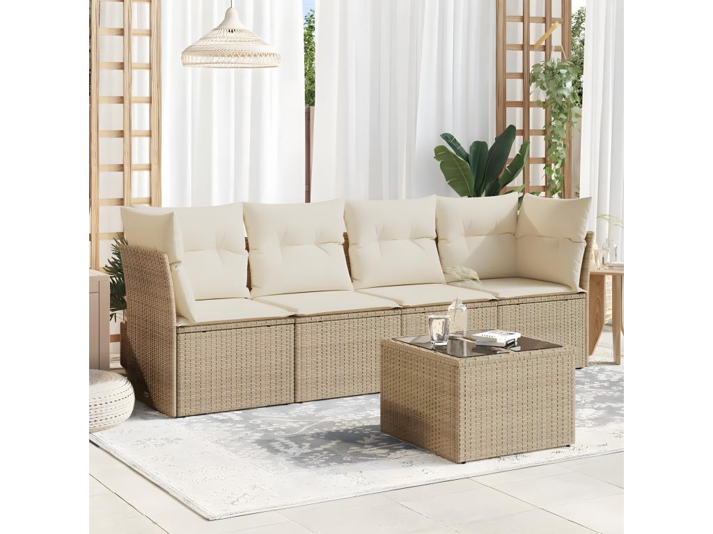 5-piece garden furniture set with cushions, beige woven resin