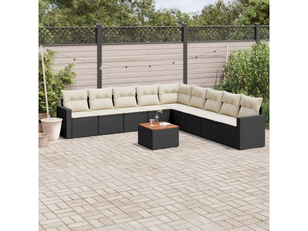 10-piece garden furniture set with cushions, black woven resin