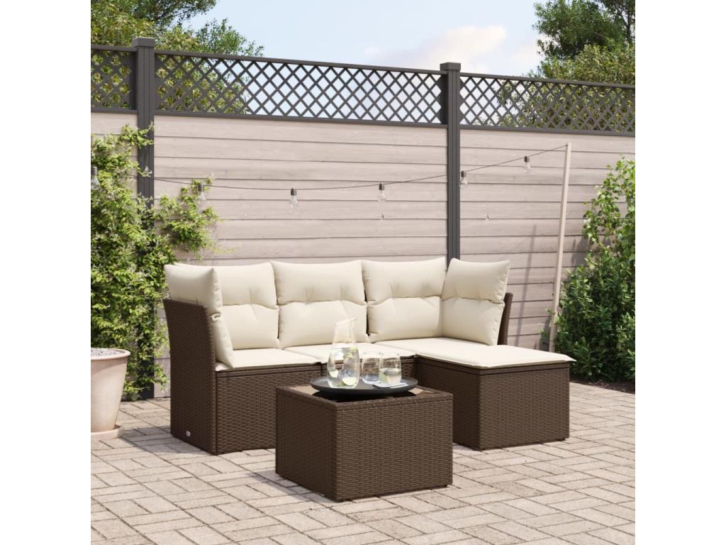 5-piece garden furniture set with cushions, brown woven resin
