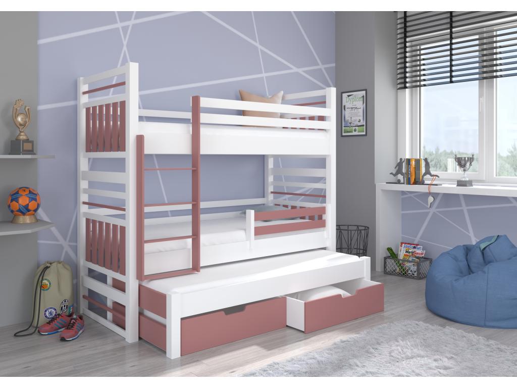 Meubiana bunk bed for 3 people with 2 storage drawers, white and pink, 90x200