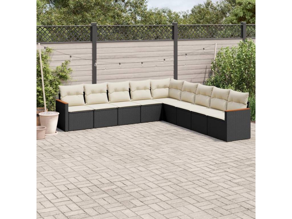 9-piece garden furniture set with cushions, black woven resin