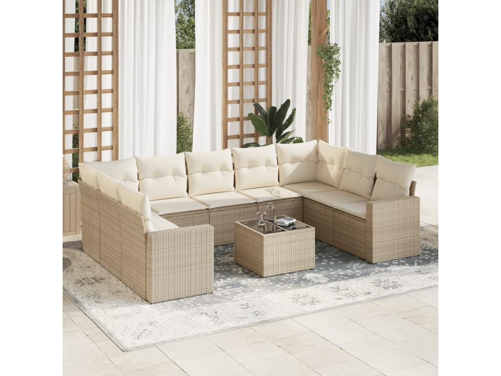 Garden furniture set with cushions, 10 pieces, beige woven resin