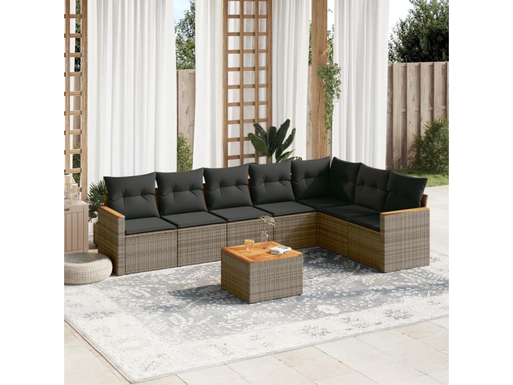 8-piece garden furniture set with grey resin wicker cushions