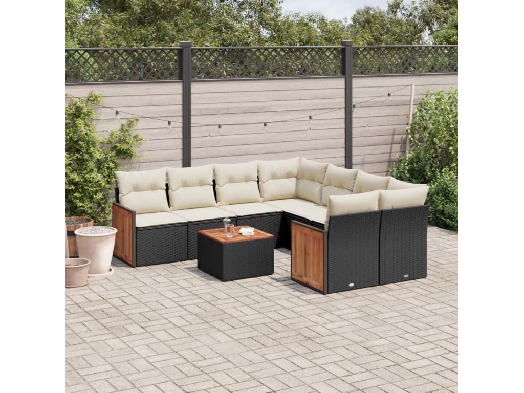 9-piece garden furniture set with cushions, black woven resin