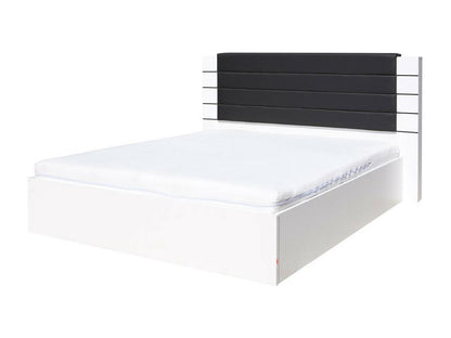 Homzora bed, size 180 cm, white and glossy black with storage and faux leather finish