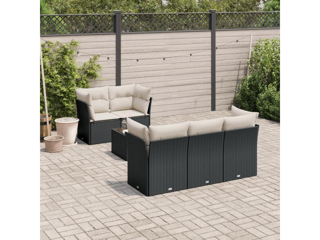 7-piece garden furniture set with cushions, black woven resin