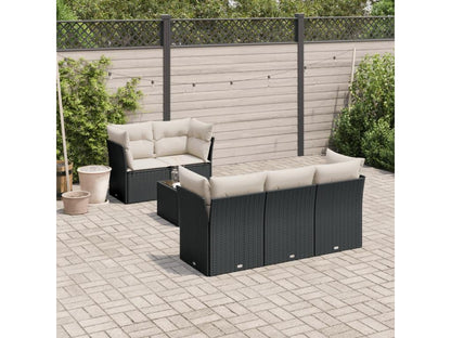 7-piece garden furniture set with cushions, black woven resin