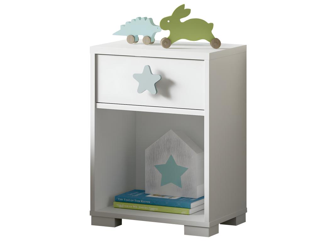 Children's bedroom set in white, including a headboard and two bedside tables.