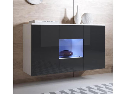 Low sideboard for living room/dining room in white and black with LED lighting, 120x40x70cm, Meubiana A2