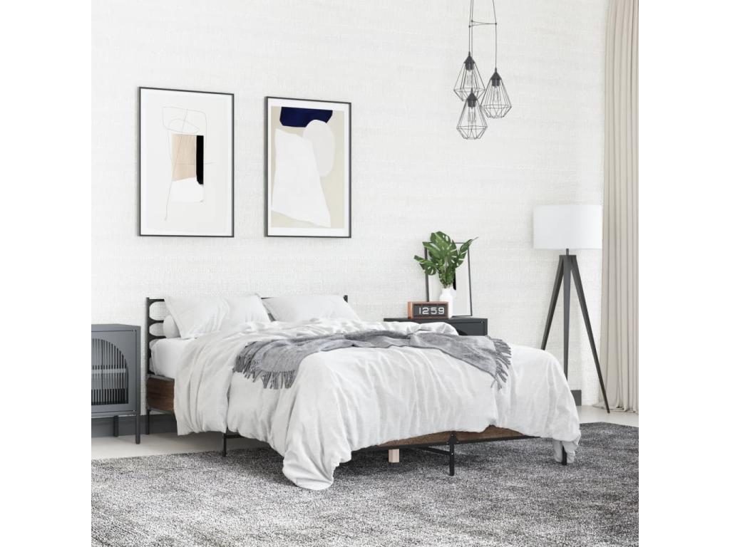 Brown oak bed frame 120x200 cm engineered wood and metal