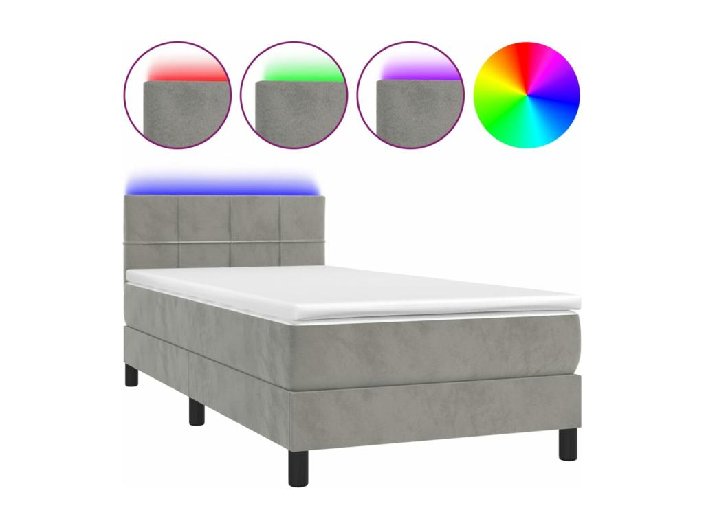 Upholstered bed base with mattress and LED light, light grey, 100x200 cm, velvet