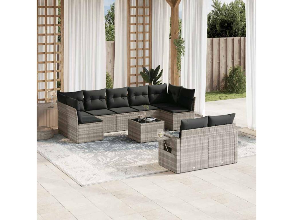 10-piece garden furniture set with cushions, light grey woven resin
