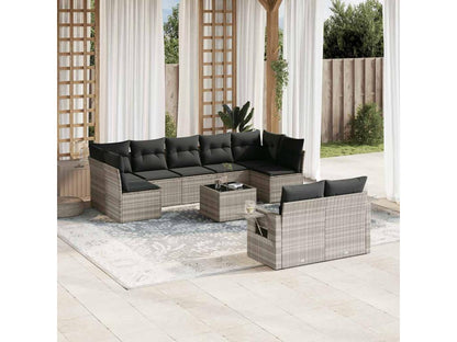 10-piece garden furniture set with cushions, light grey woven resin