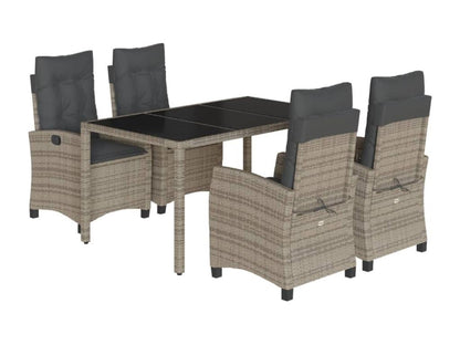 5-piece garden dining set with grey resin wicker cushions