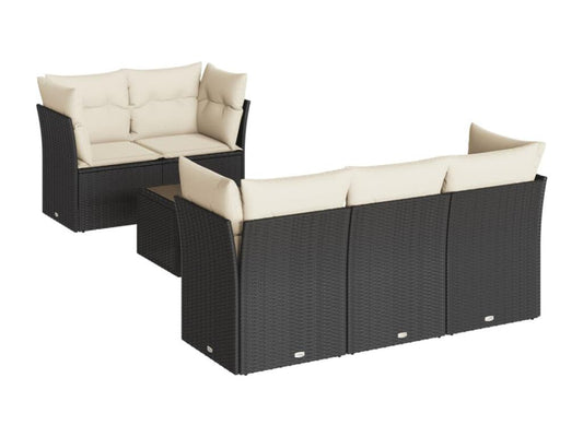 7-piece garden furniture set with cushions, black woven resin